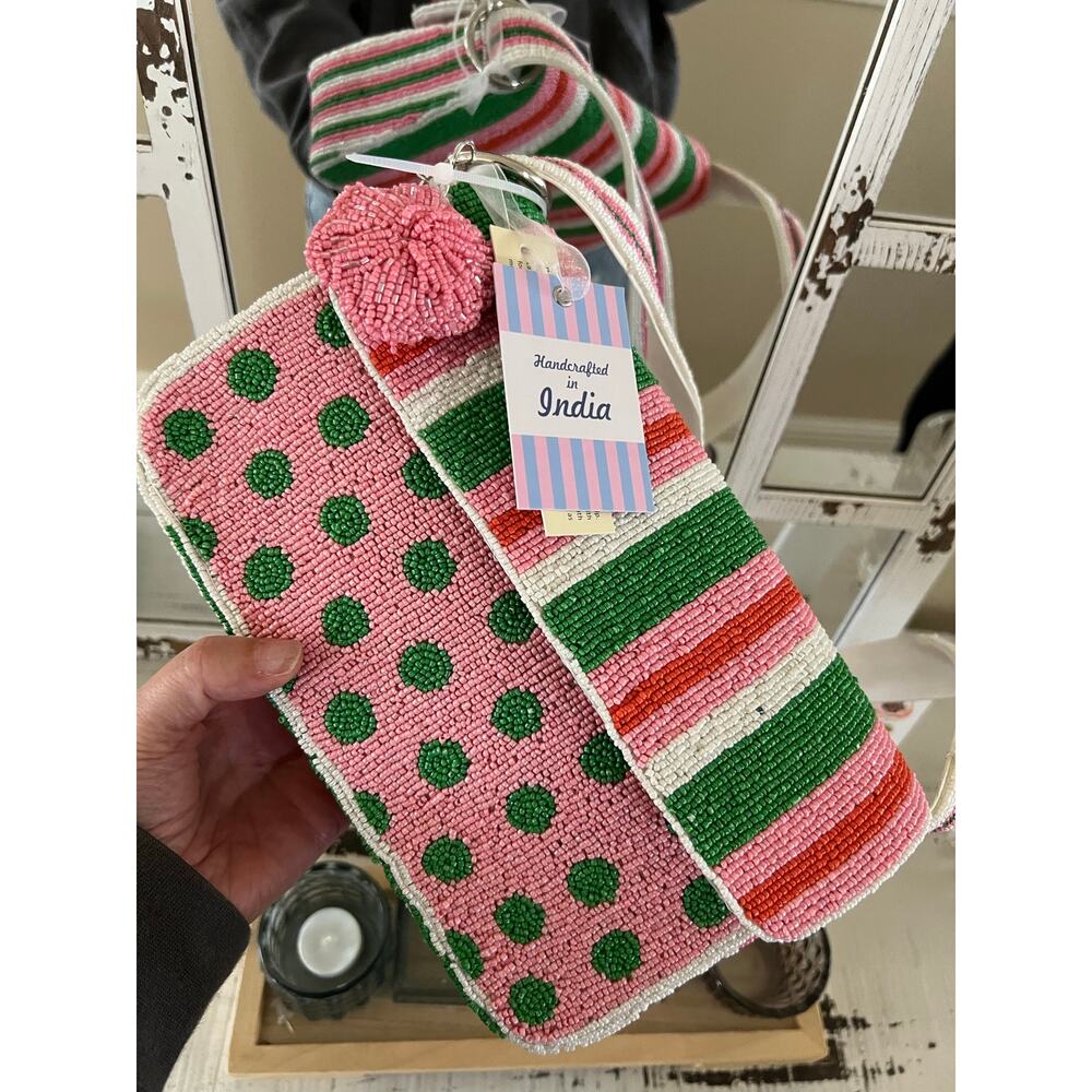 NWT Handcrafted India Beaded Purse Pink Green Striped Artsy Charm Shoulder Bag - Picture 4 of 16